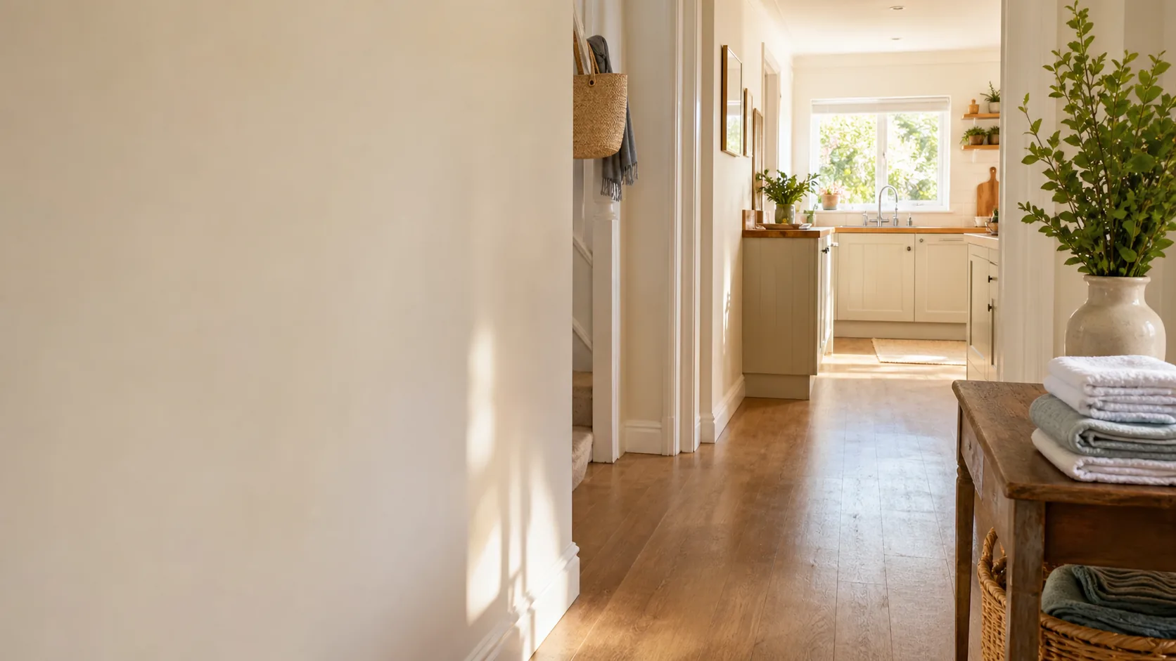 A calm, clean home interior with folded linens and morning light